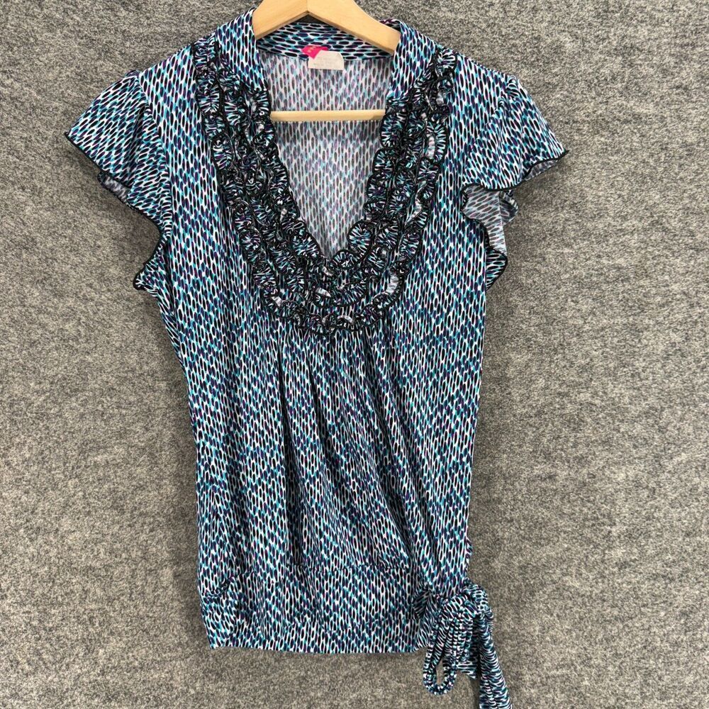 HeartSoul Blouse Women M Medium Blue Geometric V-Neck Short Sleeve Casual